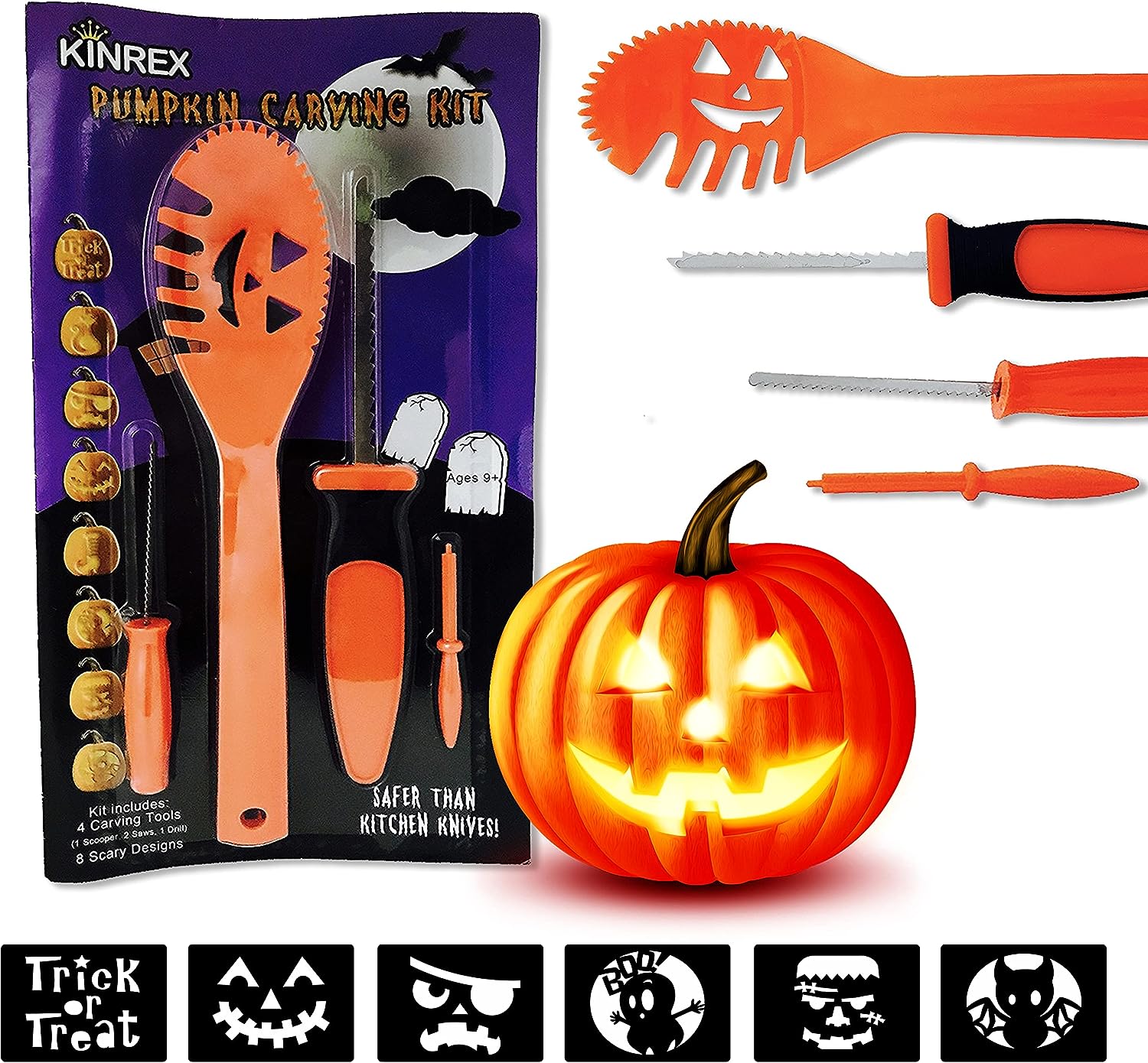 KINREX Halloween Pumpkin Carving Kit - 4 Halloween Carving Tools - 8 Halloween Stencils
